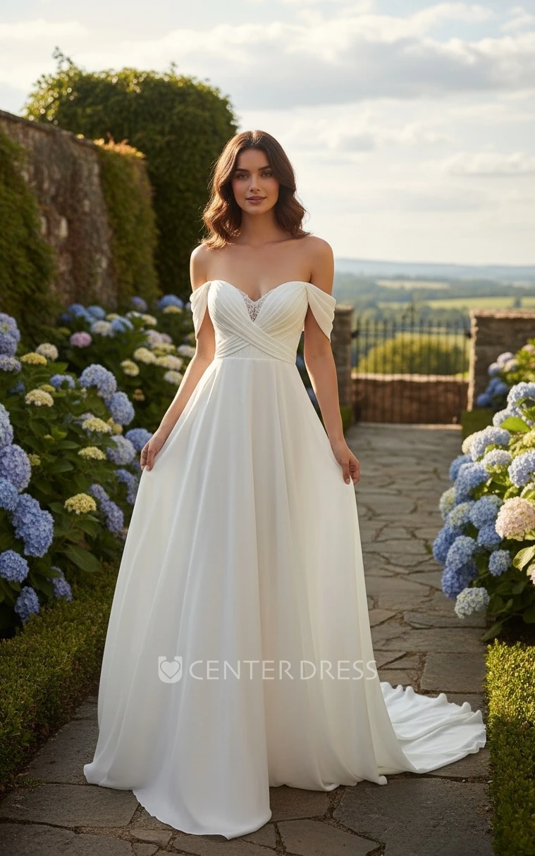 A-Line Wedding Dress Chiffon Sleeveless Ruching Off-the-shoulder Country Garden Elegant Simple 2026