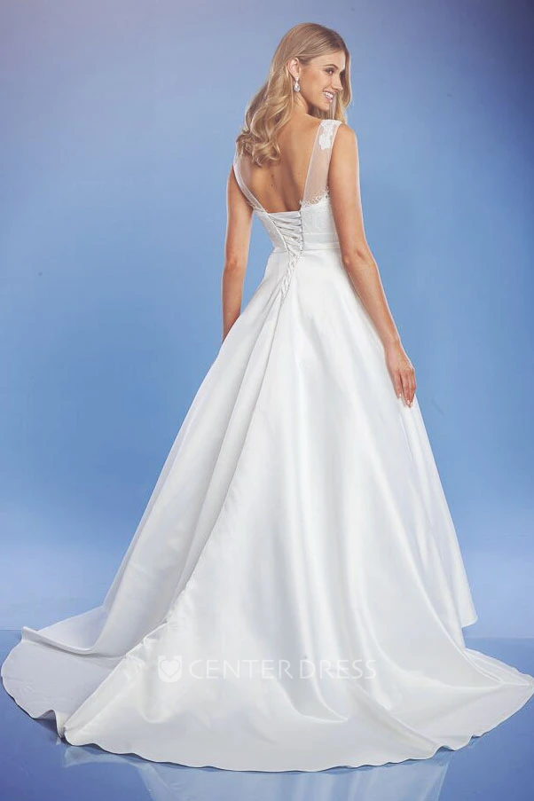 A-Line Bateau Sleeveless Long Satin Wedding Dress With Court Train And Corset Back