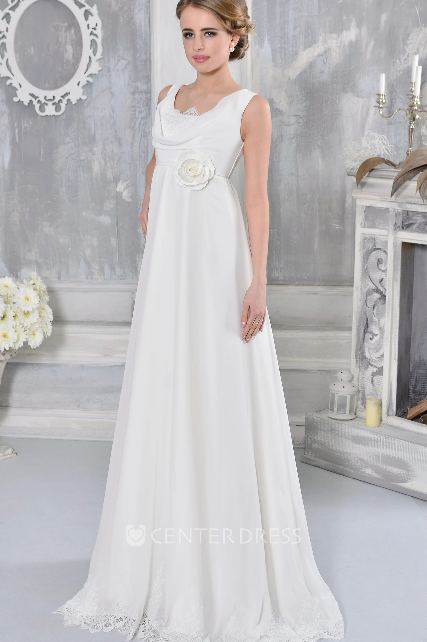 Lace Floor-Length Sleeveless Cowl-Neck Empire Chiffon Wedding Dress