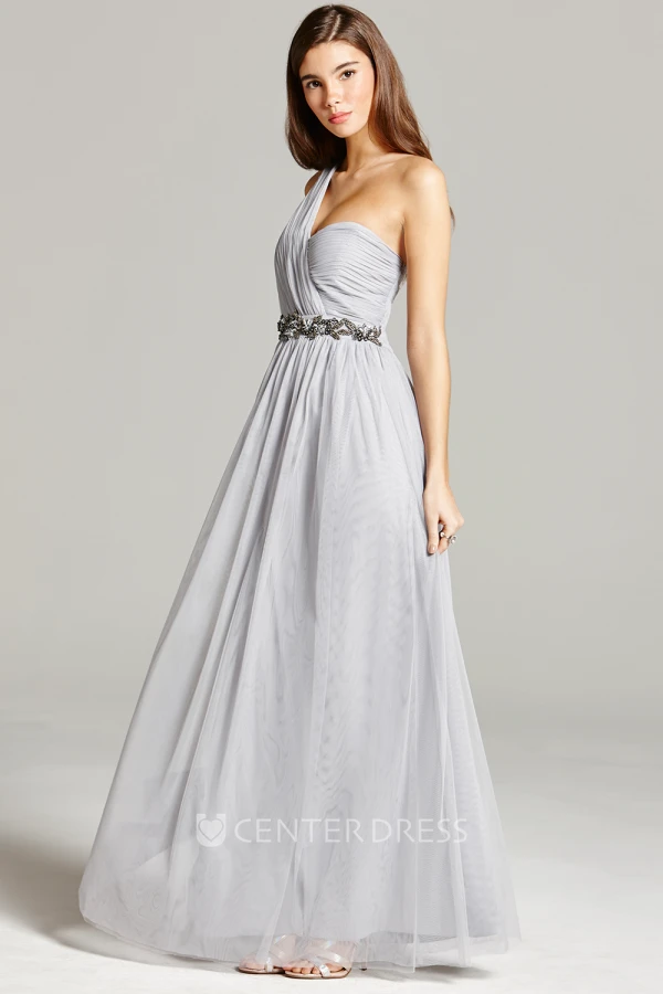 Jeweled One-Shoulder Sleeveless Chiffon Bridesmaid Dress With Straps