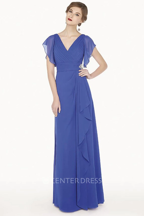 V Neck Side Drape A-Line Chiffon Long Prom Dress With Ruffled Short Sleeve