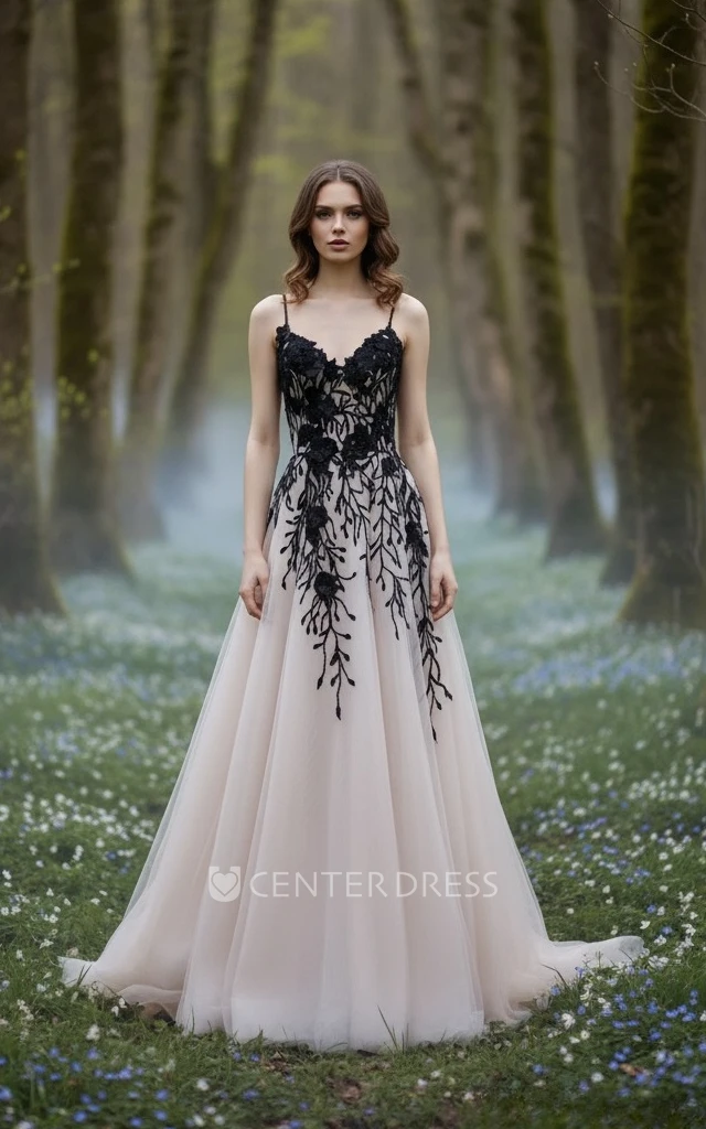 Elegant A-Line Straps Black Lace Spring Wedding Dress Romantic V-Neck Open Back Appliques Sexy Beach Gown