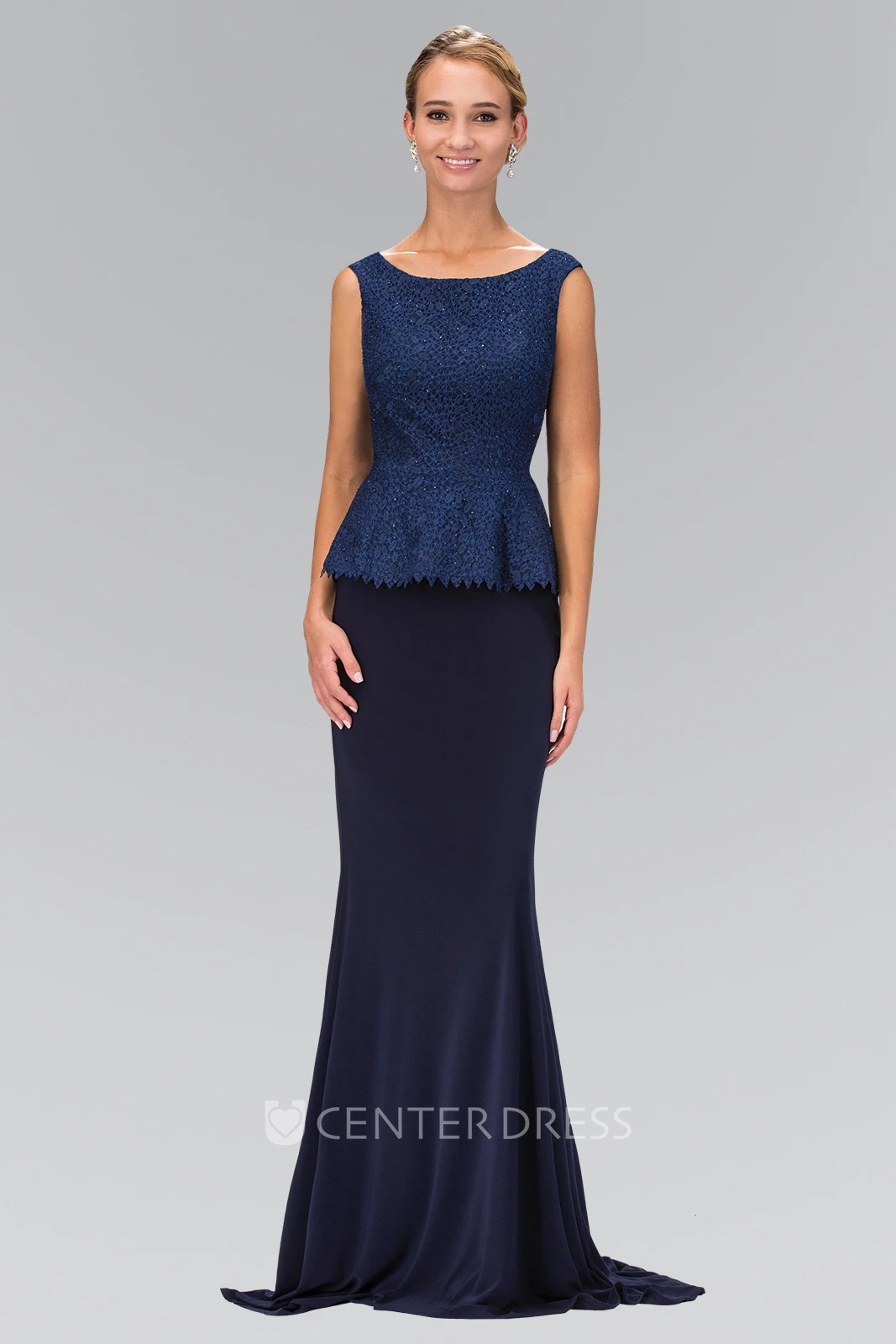Sheath Floor-Length Scoop-Neck Sleeveless Jersey Dress With Peplum