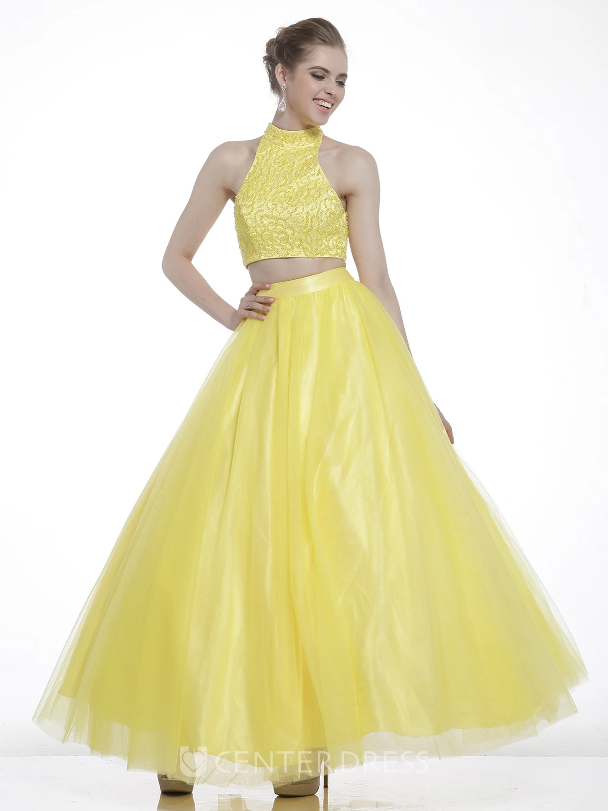 A-Line Ankle-Length High Neck Sleeveless Satin Keyhole Dress With Beading
