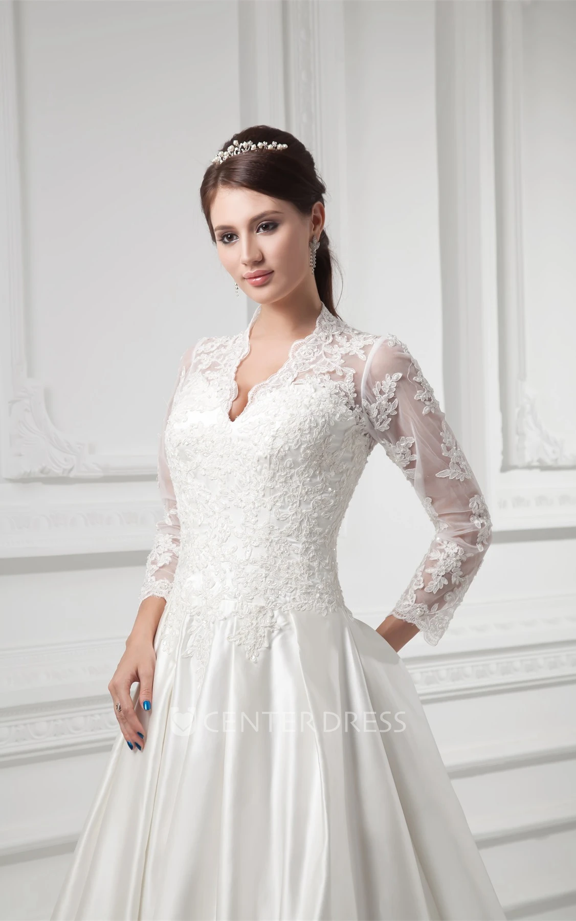 scalloped-neck plunged ball lace gown with illusion long sleeves