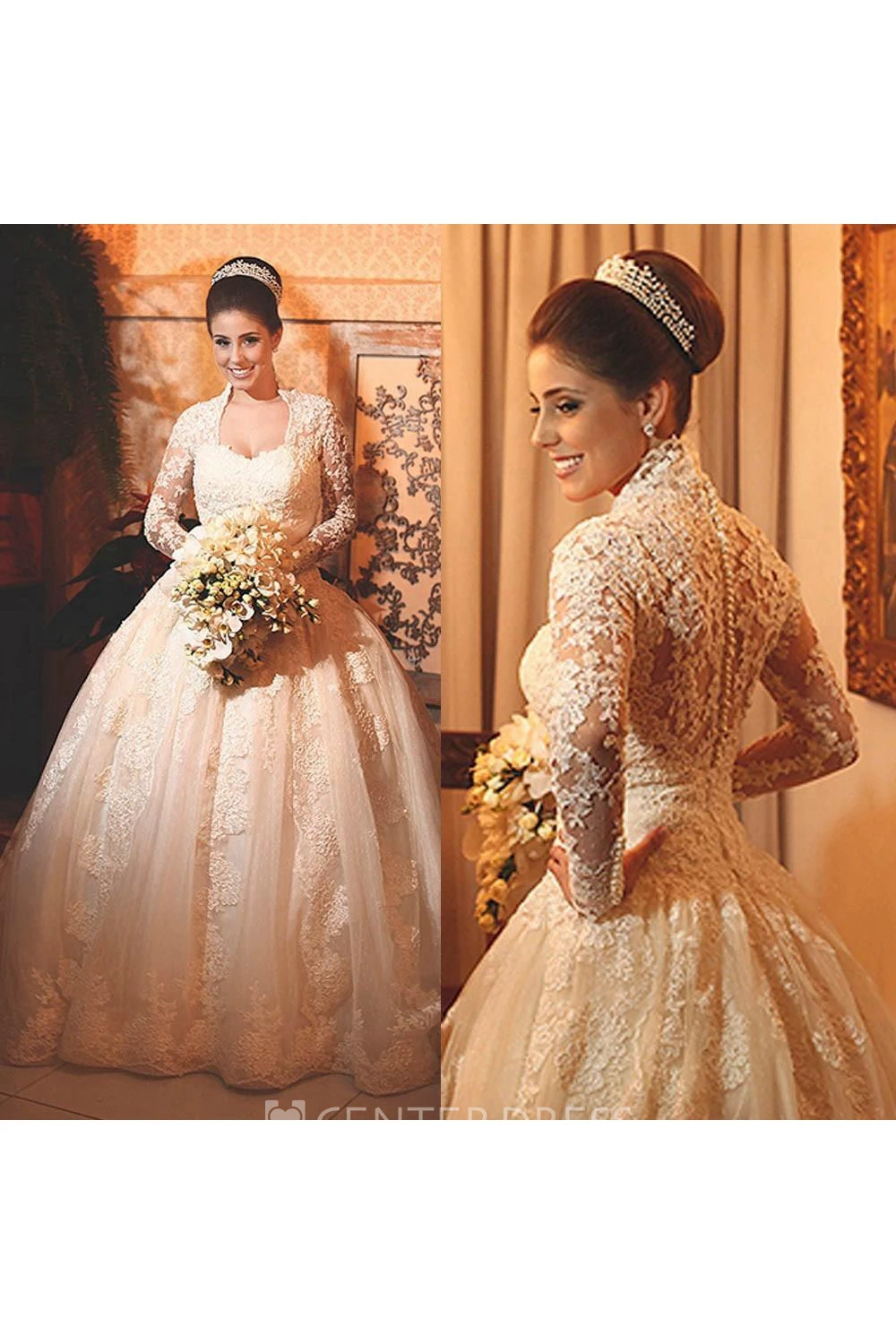 Modern Lace Long Sleeve Wedding Dress Ball Gown Button Zipper Back