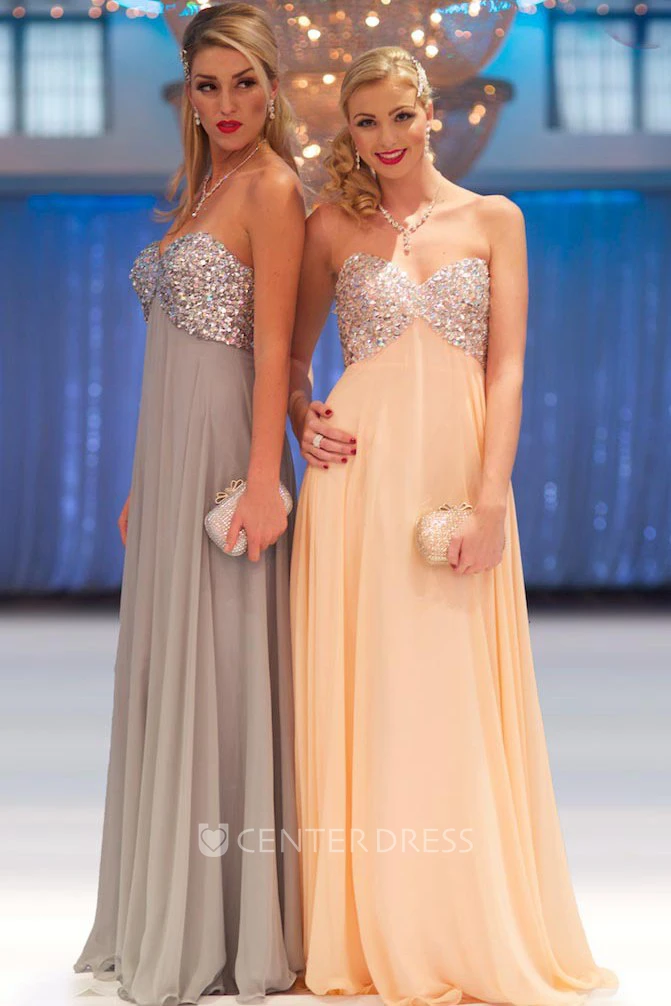 A-Line Long Sleeveless Empire Beaded Sweetheart Chiffon Prom Dress With Pleats