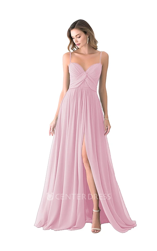 Satin Spaghetti Casual A-Line Bridesmaid Dress with Front Split