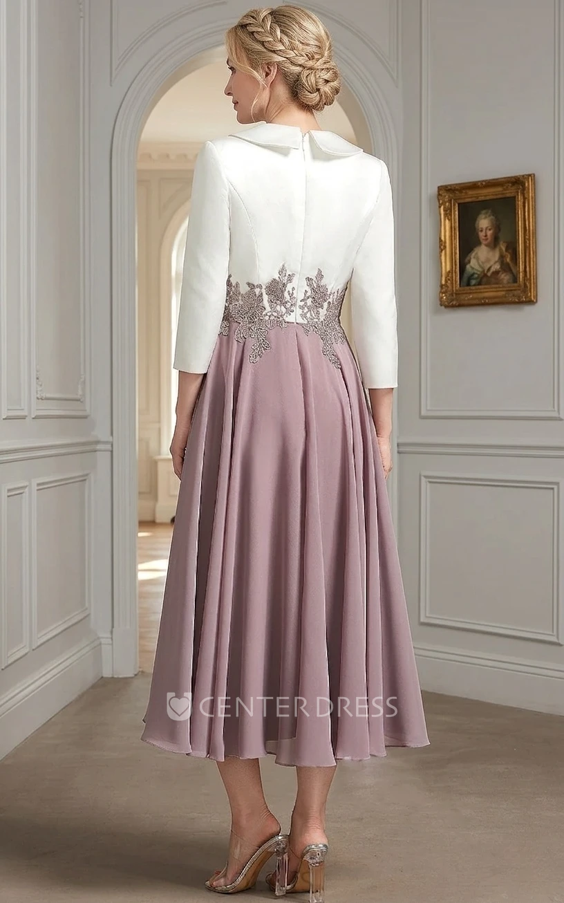 V-neck Satin Chiffon Elegant Lace Appliques Vintage Modest A-Line Reception Tea-length Long Sleeve Prom Mob Guest Evening Dress