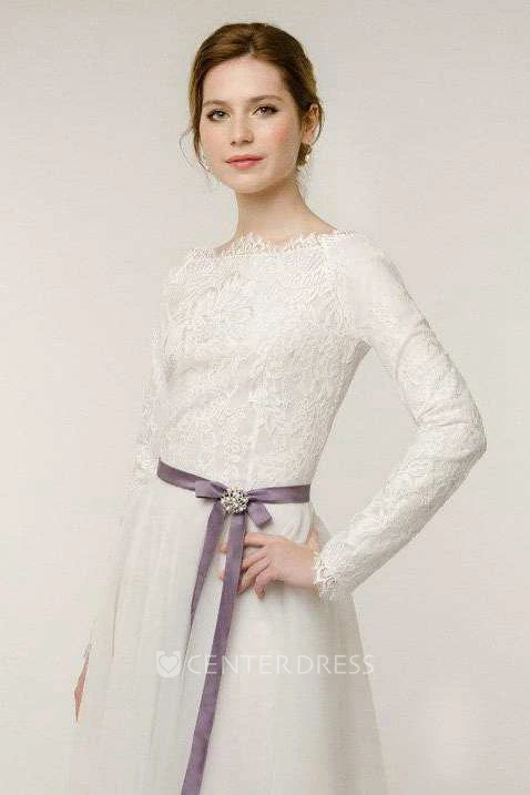 Long Sleeve Natural Tulle Lace Spring Wedding Dress