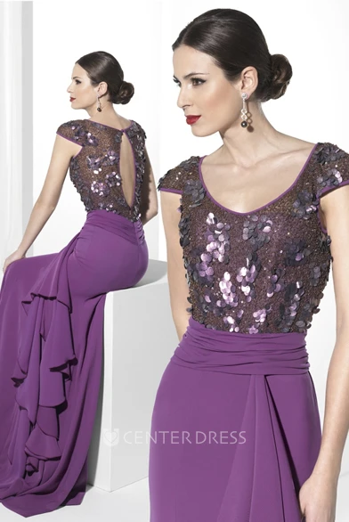 Sheath Maxi V-Neck Cap-Sleeve Sequined Jersey Prom Dress With Beading