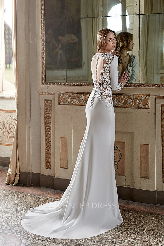 Sheath Floor-Length Jeweled V-Neck Long-Sleeve Chiffon Wedding Dress With Lace And Illusion