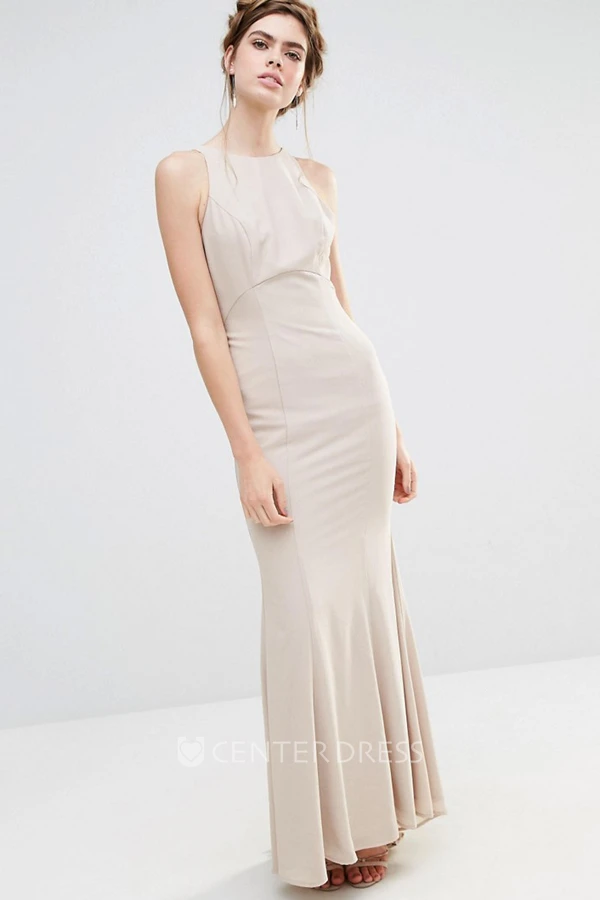 Ankle-Length Sheath Jewel Neck Sleeveless Cascading-Ruffled Chiffon Bridesmaid Dress