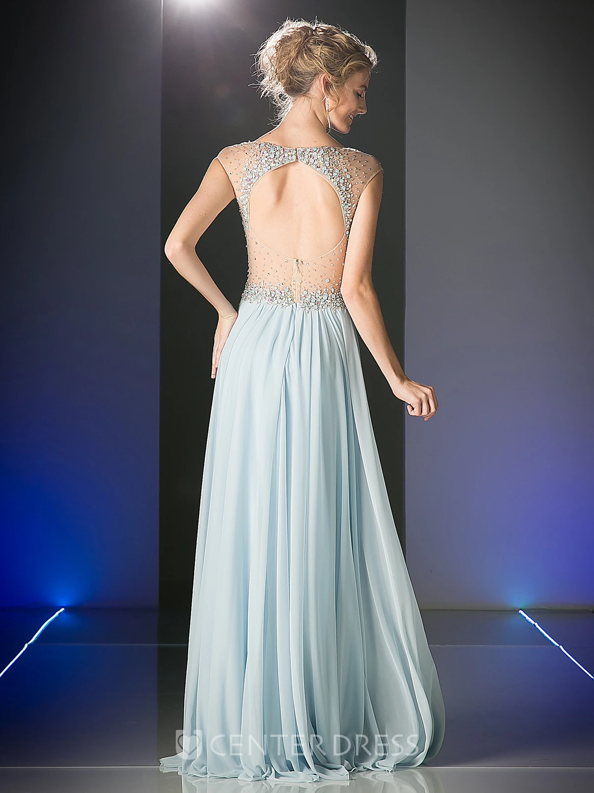 A-Line Scoop-Neck Cap-Sleeve Chiffon Keyhole Dress With Beading And Pleats