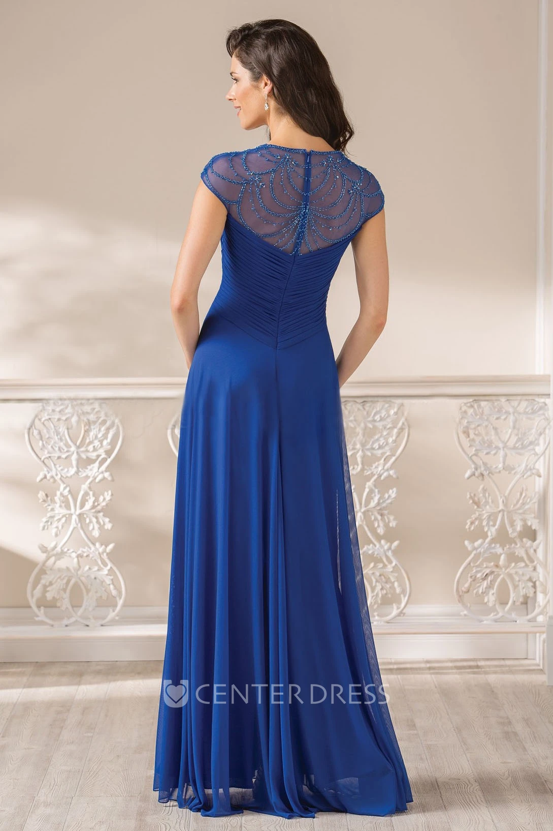 Cap-Sleeved A-Line Mother Of The Bride Dress With Illusion Beaded Back