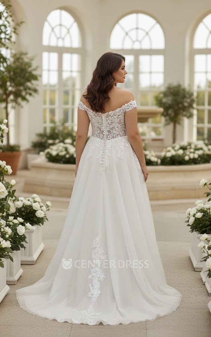 Plus Size A-Line Lace Wedding Dress Sexy Off-the-Shoulder Slit Bridal Gown