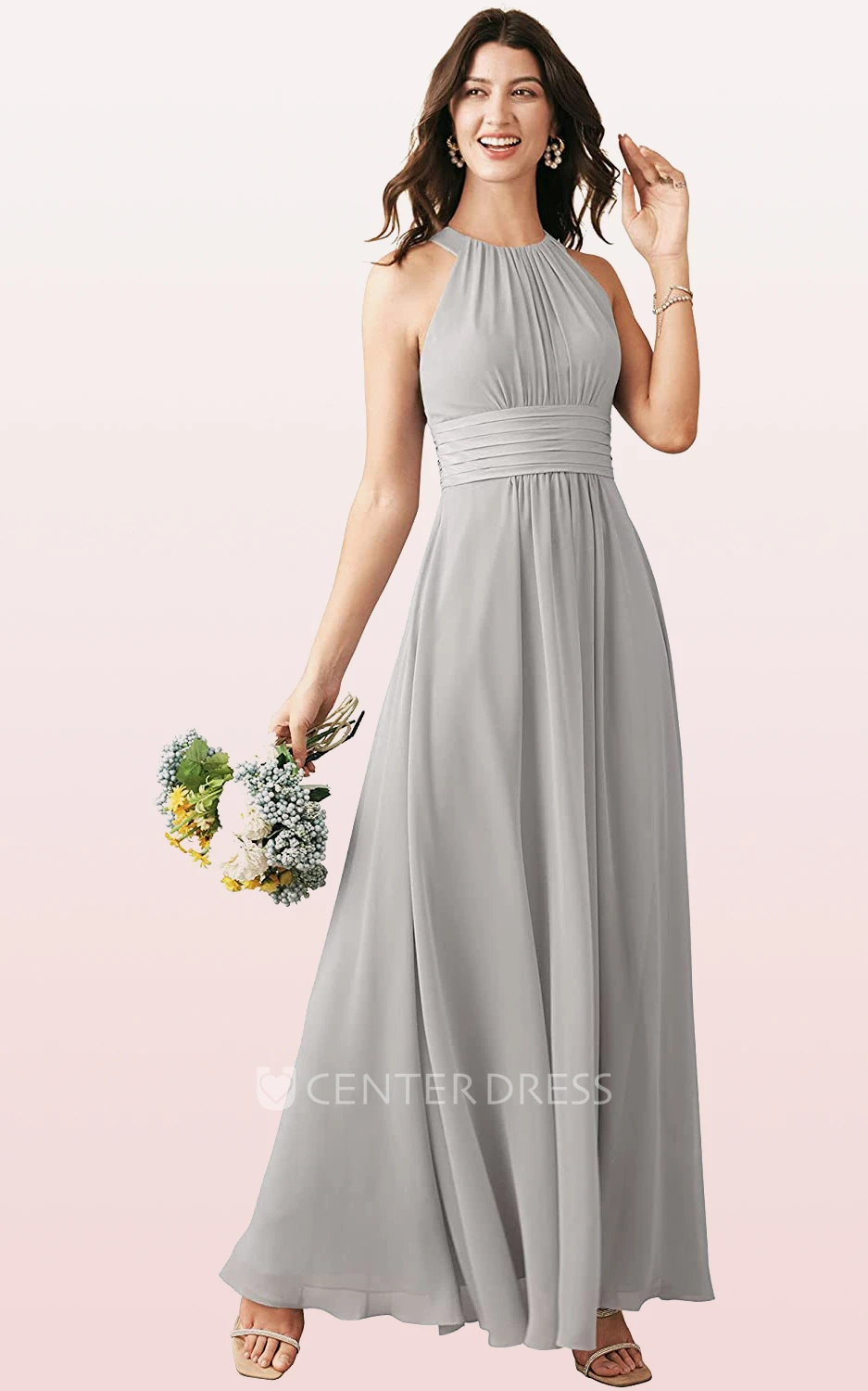 Modern Chiffon Ankle-length Halter A Line Sleeveless Bridesmaid Dress With Ruching