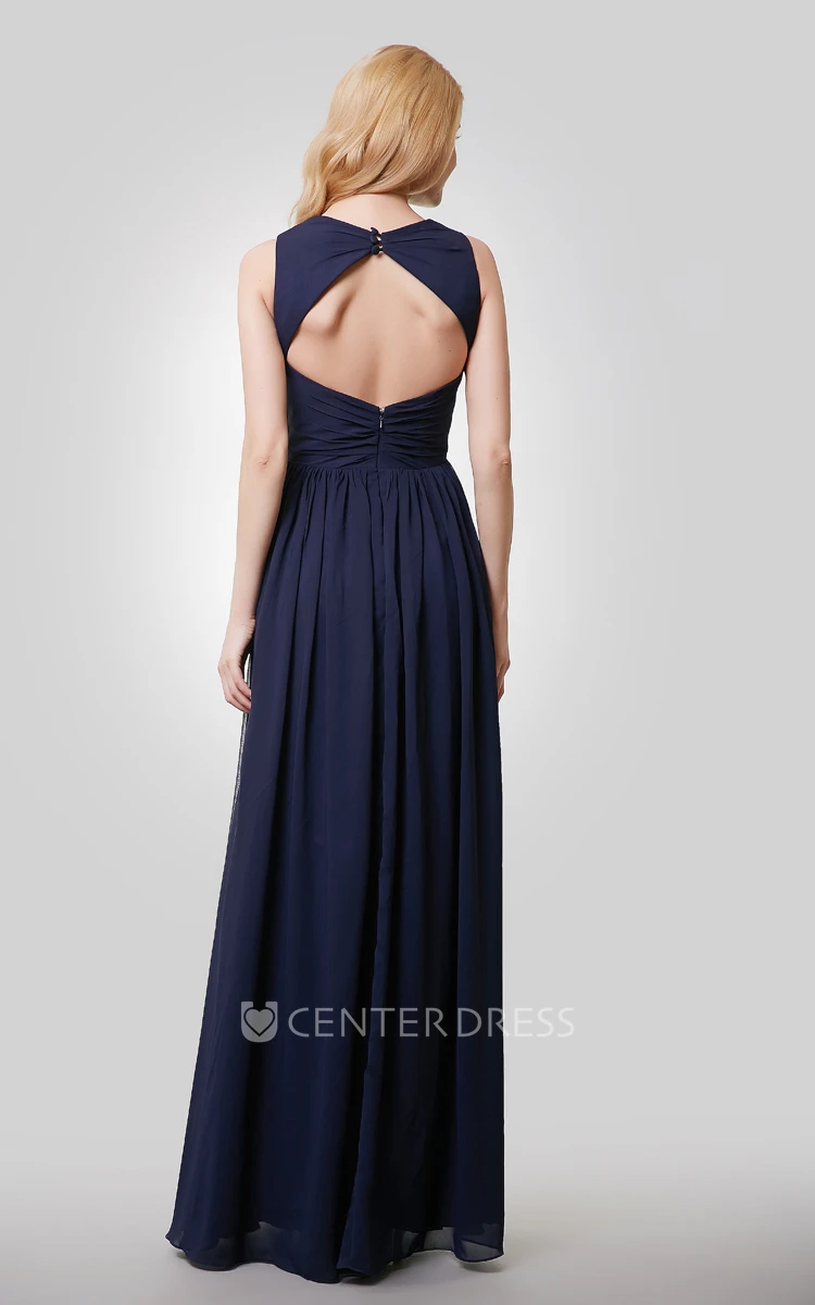 Sleeveless Chiffon Pleated Floor Length Dress With Keyhole Back