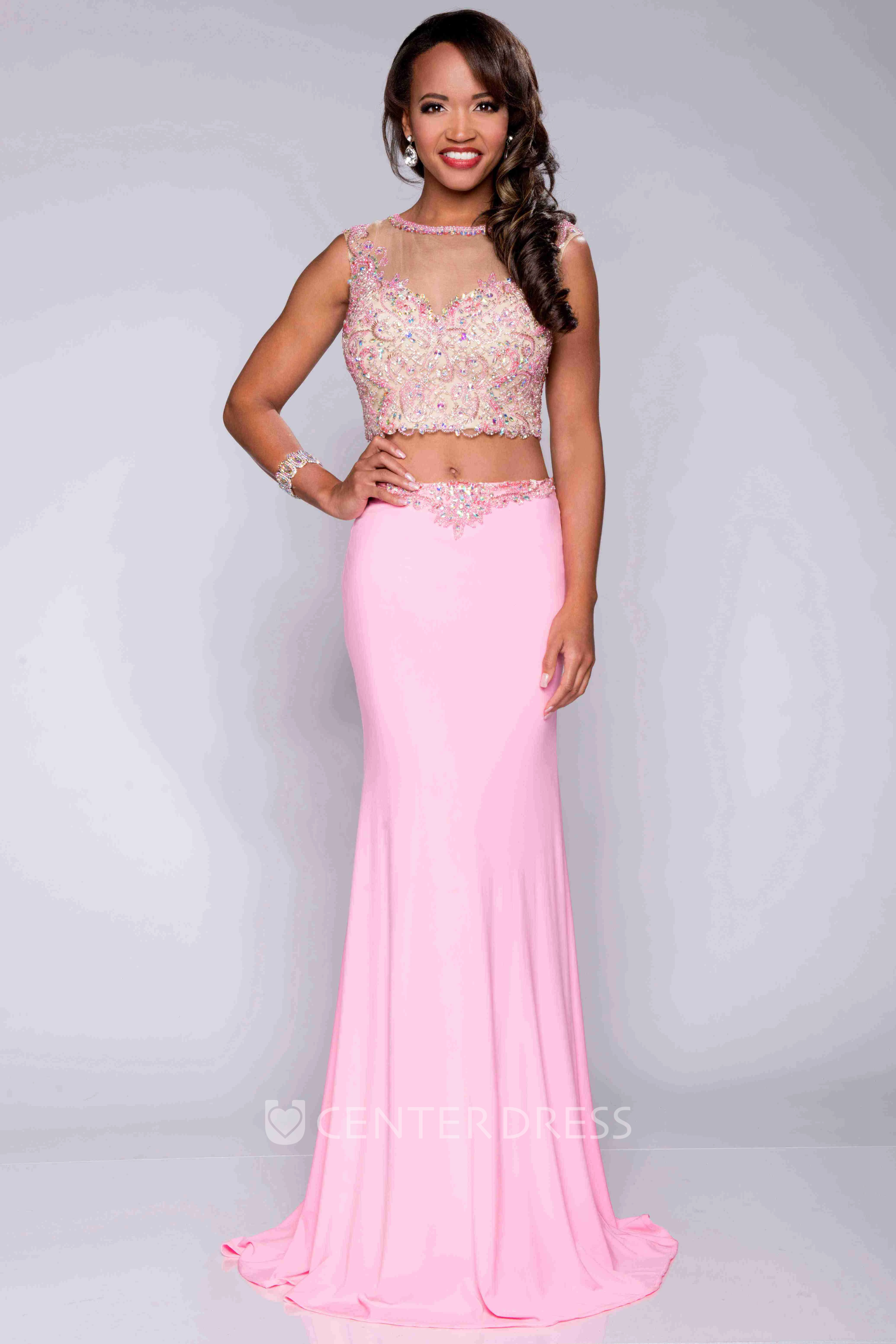 Two-Piece Sleeveless Sheath Jersey Prom Dress With Jeweled Bodice