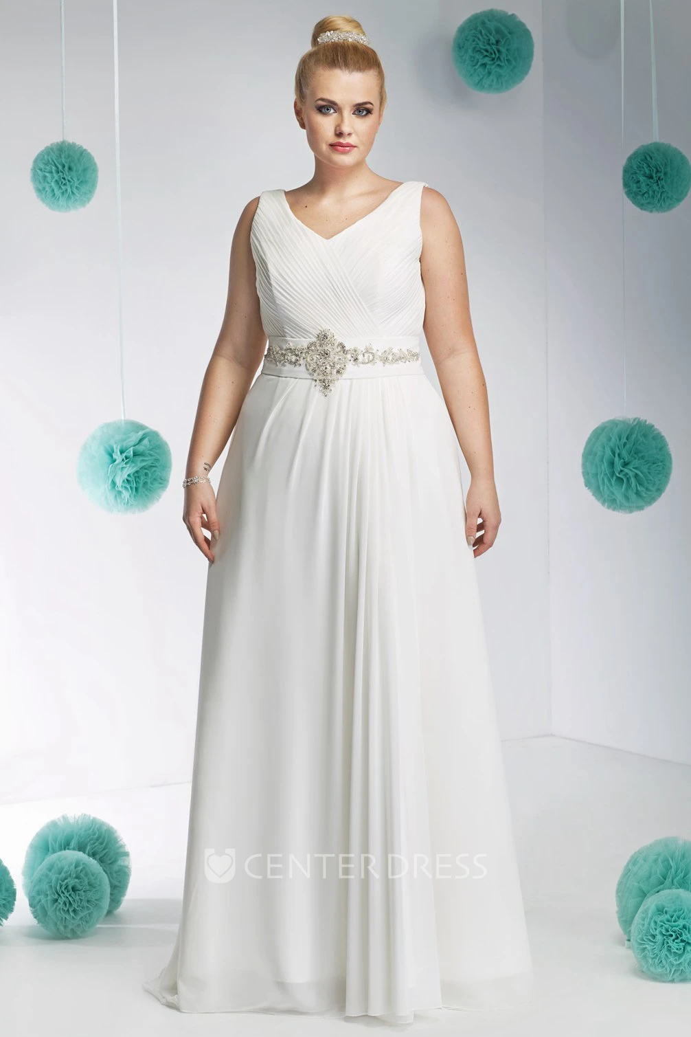 Sleeveless Ruched V-Neck Floor-Length Chiffon Plus Size Wedding Dress With Waist Jewellery