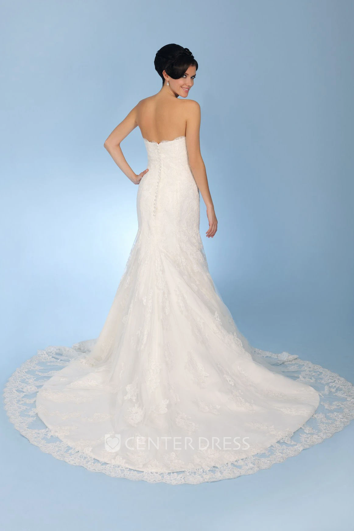 Trumpet Strapless Appliqued Floor-Length Sleeveless Lace Wedding Dress With Backless Style And Pleats