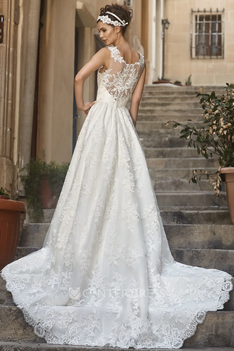 A-Line Sleeveless V-Neck Long Appliqued Lace Warm Wedding Dress