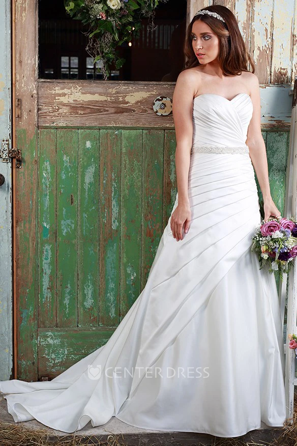A-Line Long Side-Draped Sleeveless Sweetheart Satin Spring Wedding Dress With Waist Jewellery
