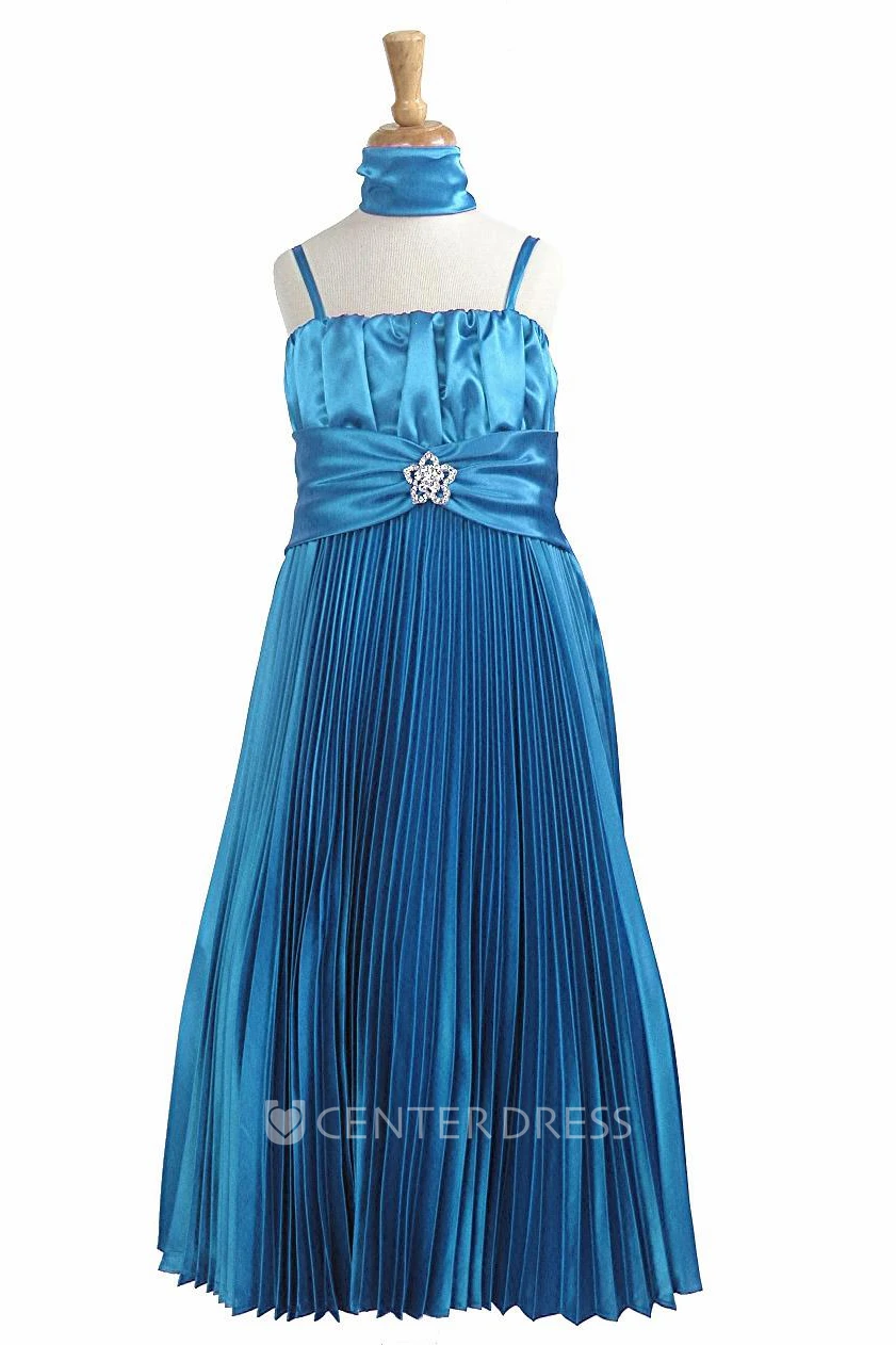 Floor-Length Cape Pleated Satin Flower Girl Dress With Broach