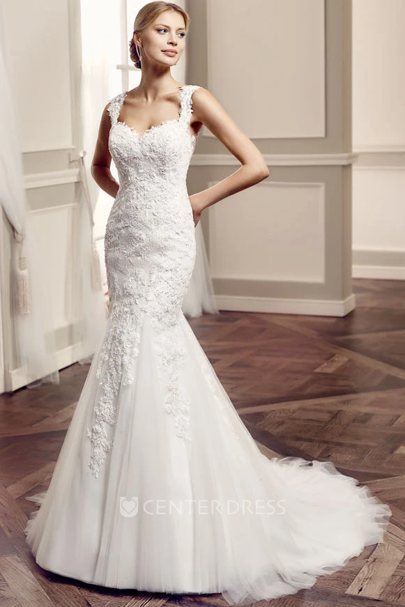 Straps Floor-Length Appliqued Lace&Tulle Wedding Dress With Brush Train