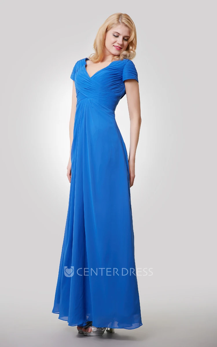 V-Neck A-Line Short Sleeve Chiffon Bridesmaid Dress With Crisscross Ruching