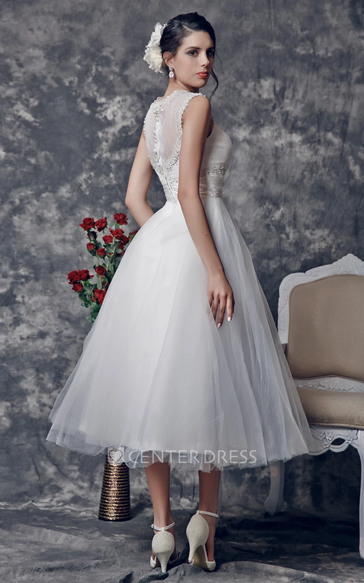 Vintage Tea-Length Wedding Dress with Illusion Back