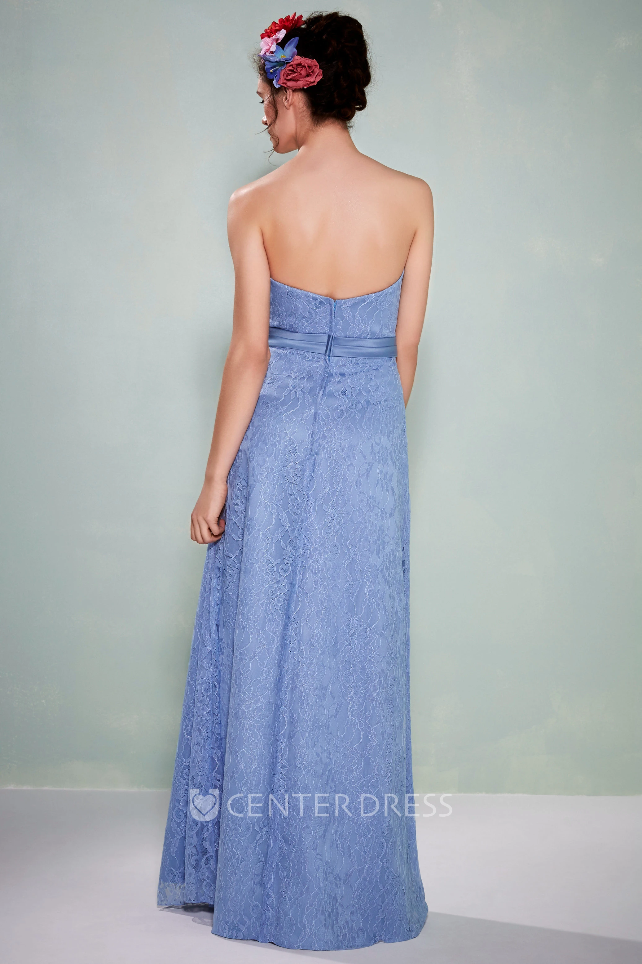Floor-Length Side-Draped Strapless Lace Bridesmaid Dress With Low-V Back