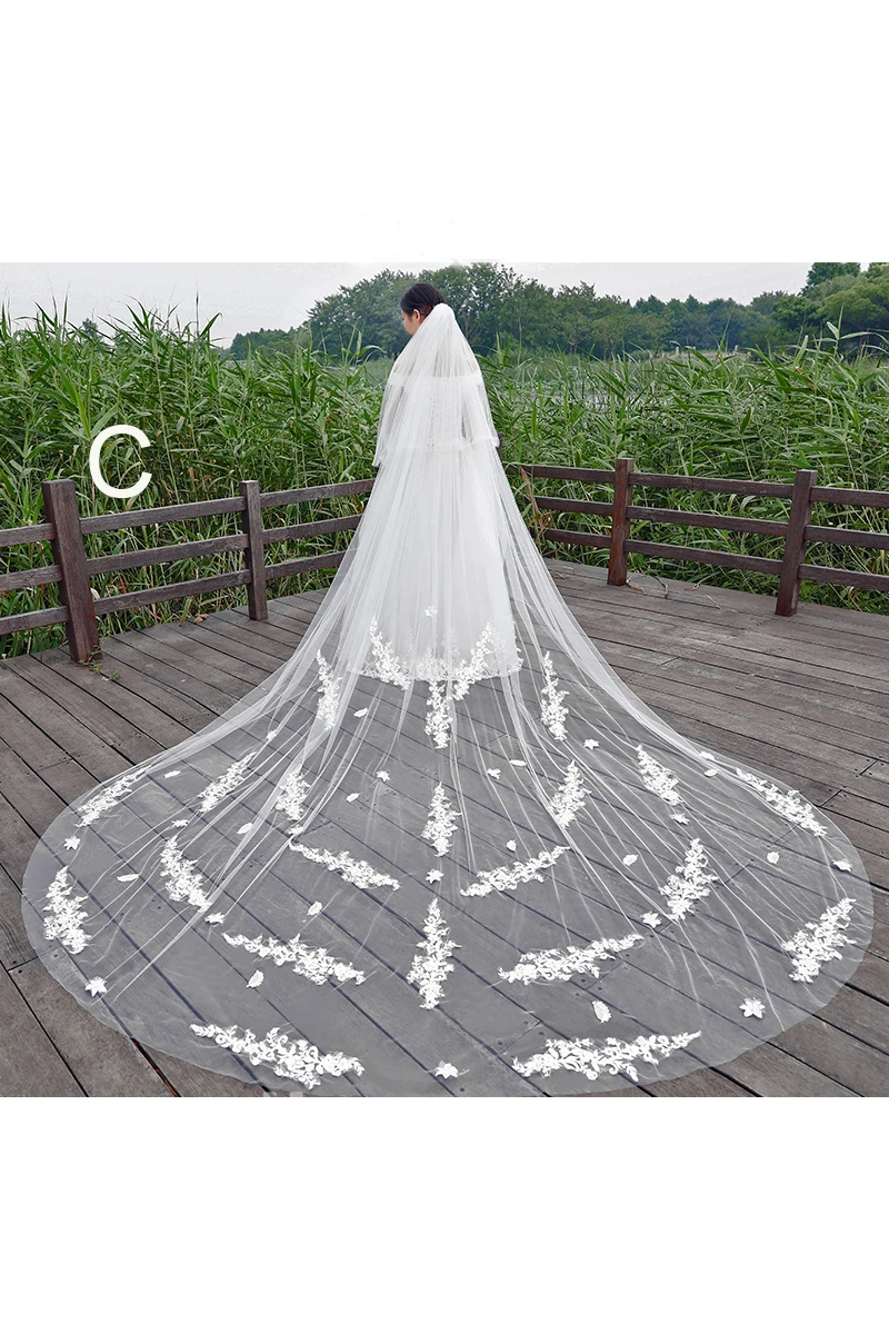 New Korean Style Lace Applique Large Tailed Tulle Super Long Veil