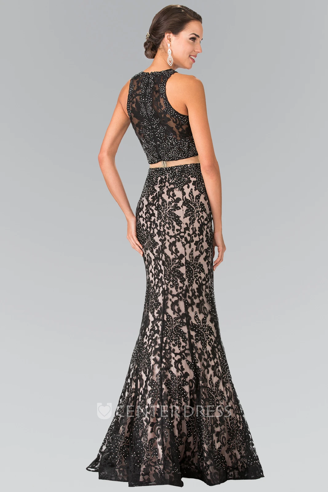 Two-Piece Mermaid Jewel-Neck Sleeveless Lace Illusion Dress With Beading