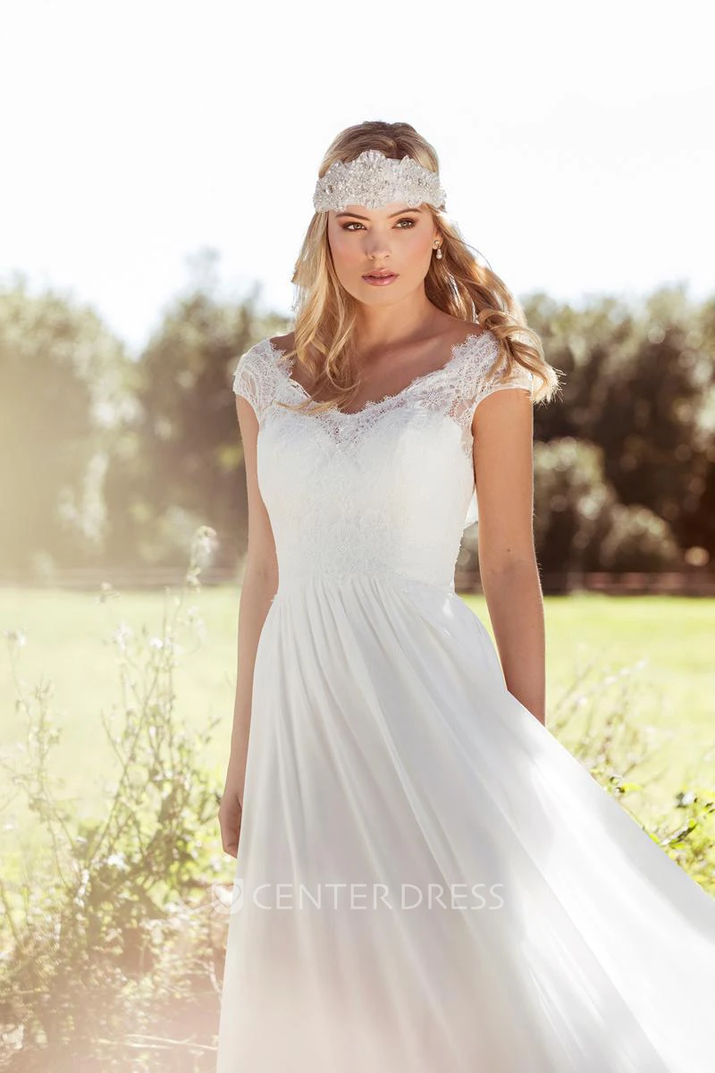 Sheath V-Neck Long Cap-Sleeve Chiffon Wedding Dress With Appliques And V Back