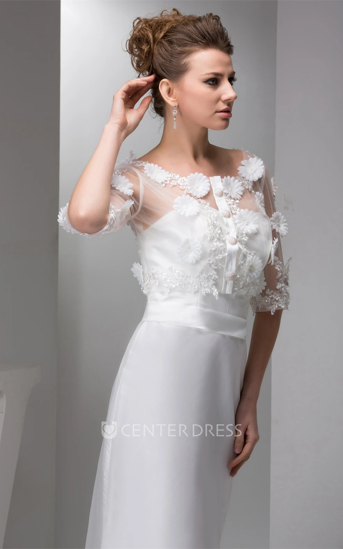 Floral Half-Sleeve Satin Mermaid Dress with Illusion Top