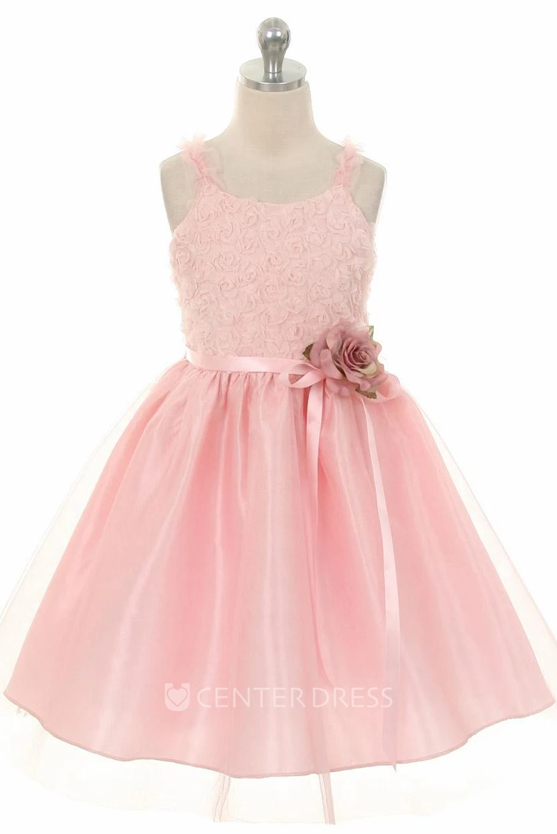 Tea-Length Ruffled Tiered Tulle Flower Girl Dress With Embroidery