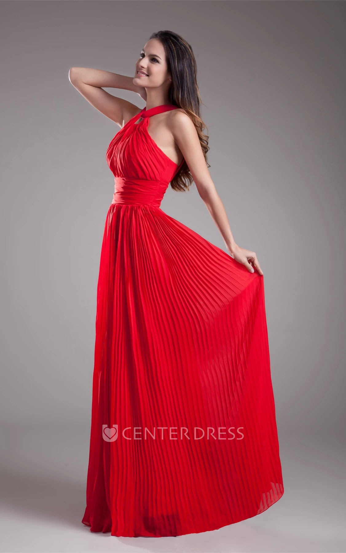 sleeveless a-line maxi ruched dress with zipper back and pleats