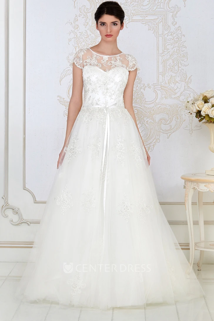 A-Line Long Scoop-Neck Short-Sleeve Appliqued Tulle&Lace Wedding Dress