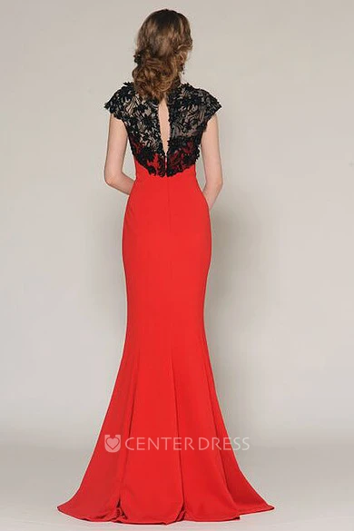 Mermaid Lace Cap-Sleeve Jewel-Neck Floor-Length Jersey Prom Dress