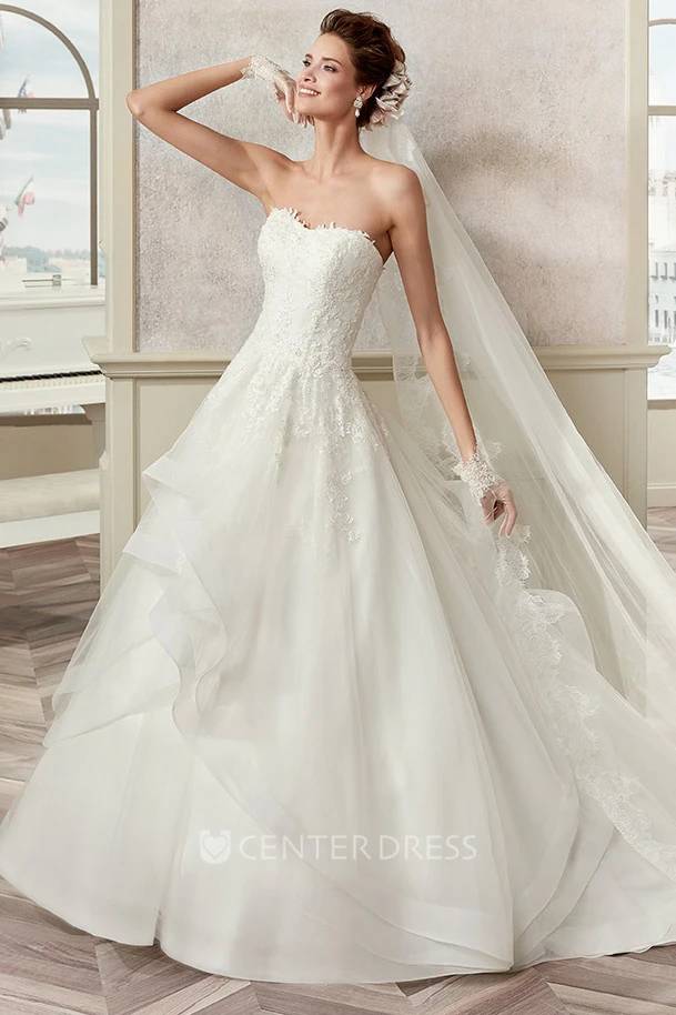 Strapless A-line Ruching Wedding Gown with Asymmetrical Ruffles and Appliques