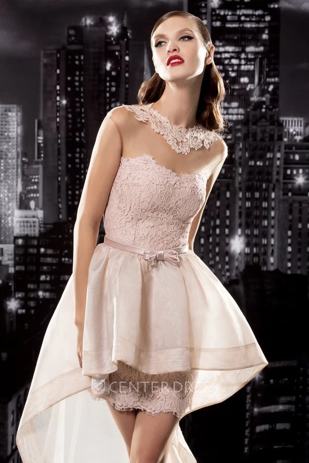A-Line High-Low Jewel-Neck Cap-Sleeve Lace Illusion Dress