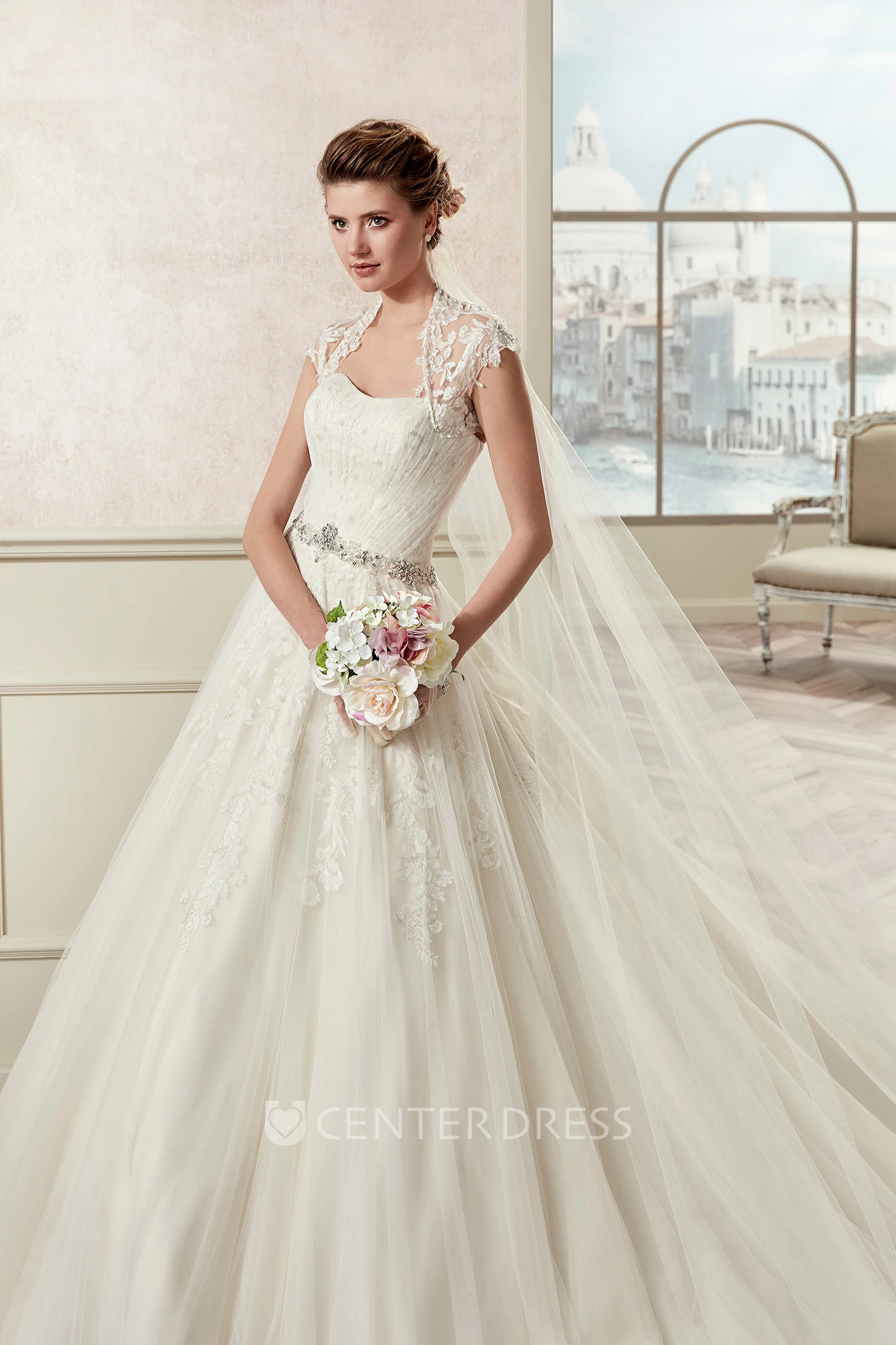 Royal Beaded A-Line Bridal Gown With Queen-Anna Neckline And Pleated Skirt
