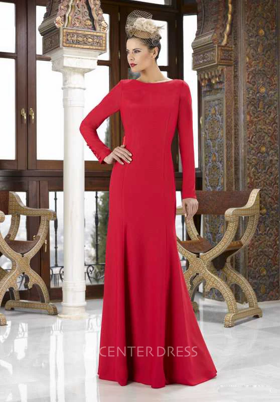 Jewel Neck Long Sleeve Bowed Jersey Mother Of The Bride Dress