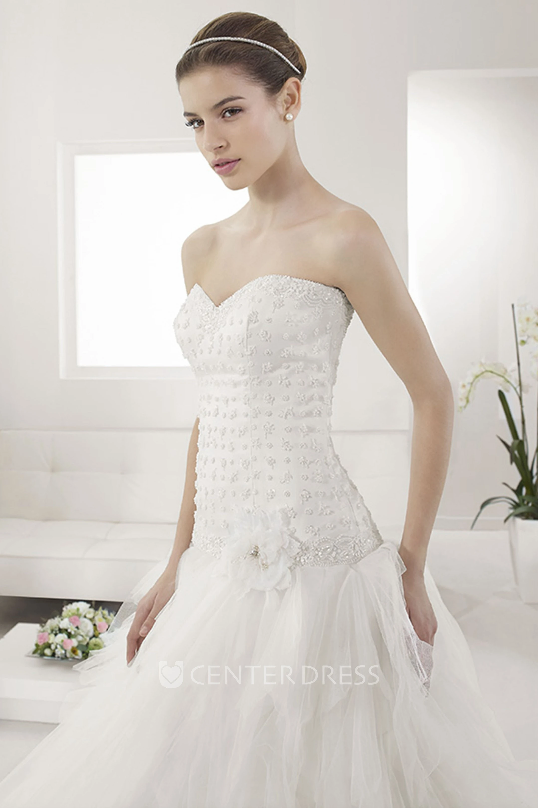 Beading Sweetheart Neck Drop Waist Bridal Gown With Tiered Tulle Skirt