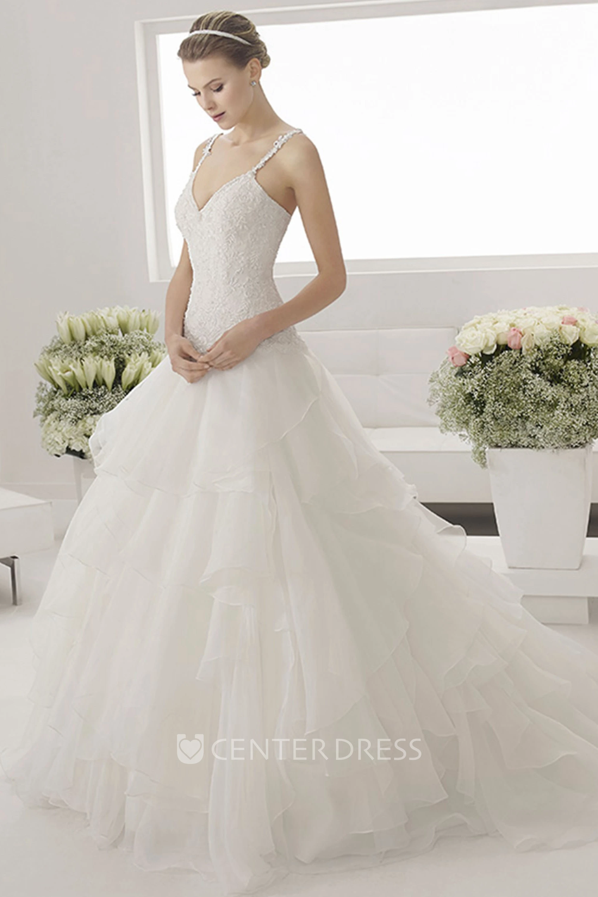 Appliqued Spaghetti Straps V Neck Layered Bridal Gown With Drop Waist