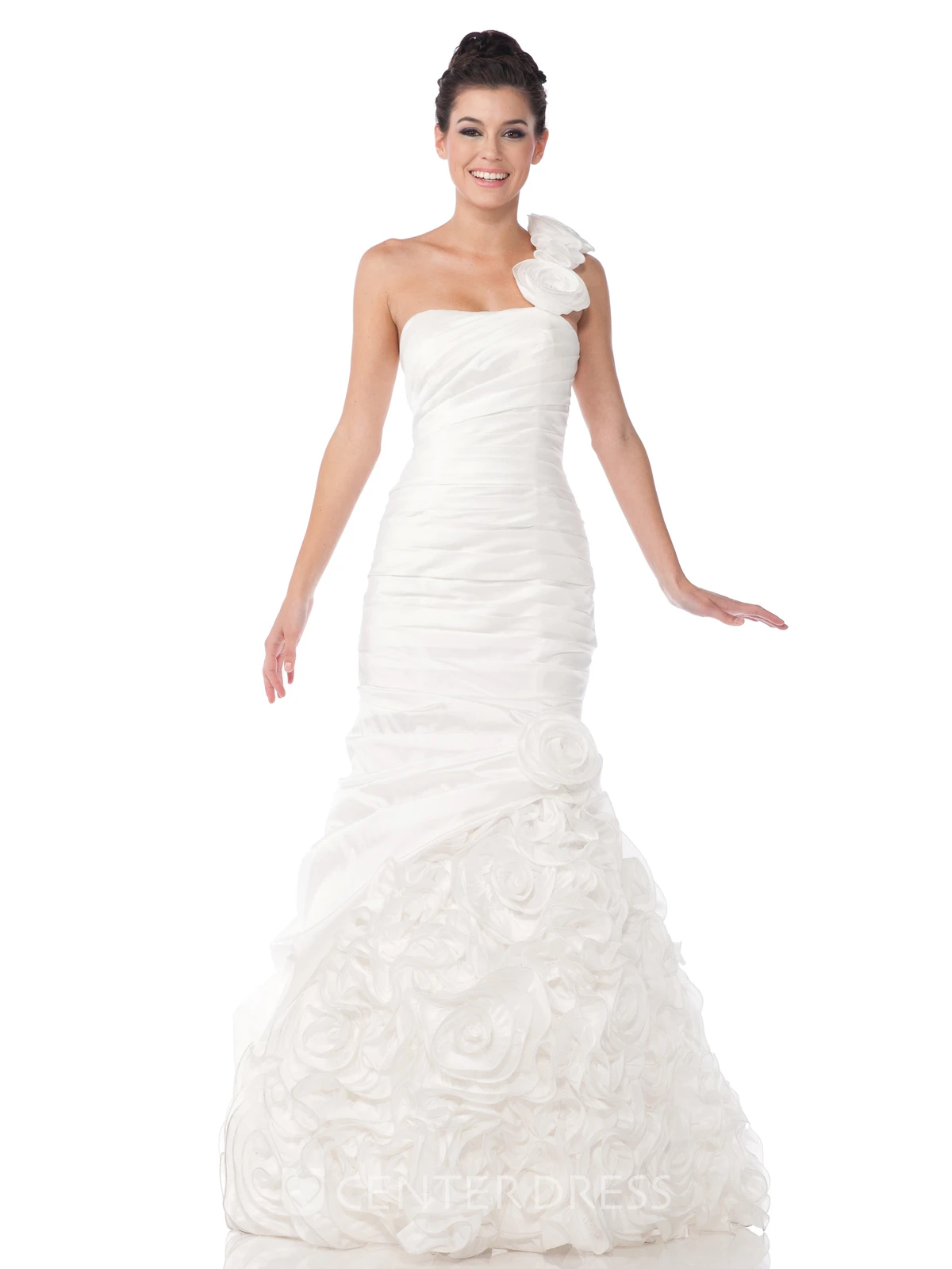 A-Line One-Shoulder Sleeveless Satin Dress With Flower And Side Draping