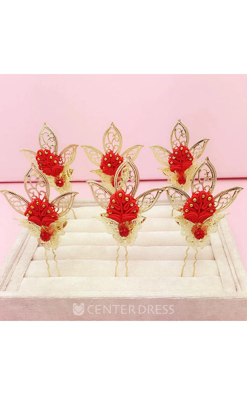 Bride Red Headdress Hair Ornaments Chinese Cheongsam Wedding Accessories Plate Hairpin U-Shaped Clip