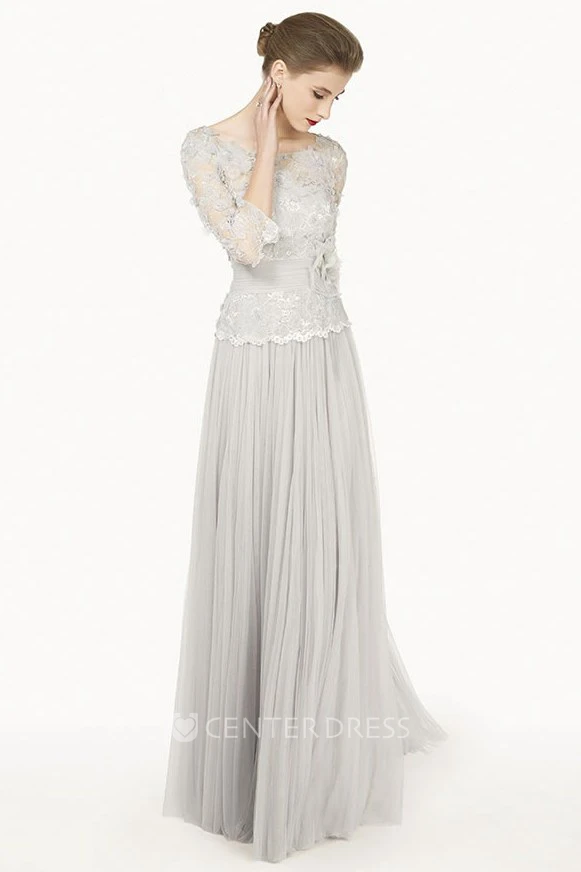Sheath Floor-Length 3-4-Sleeve Appliqued Scoop-Neck Tulle Prom Dress With Flower