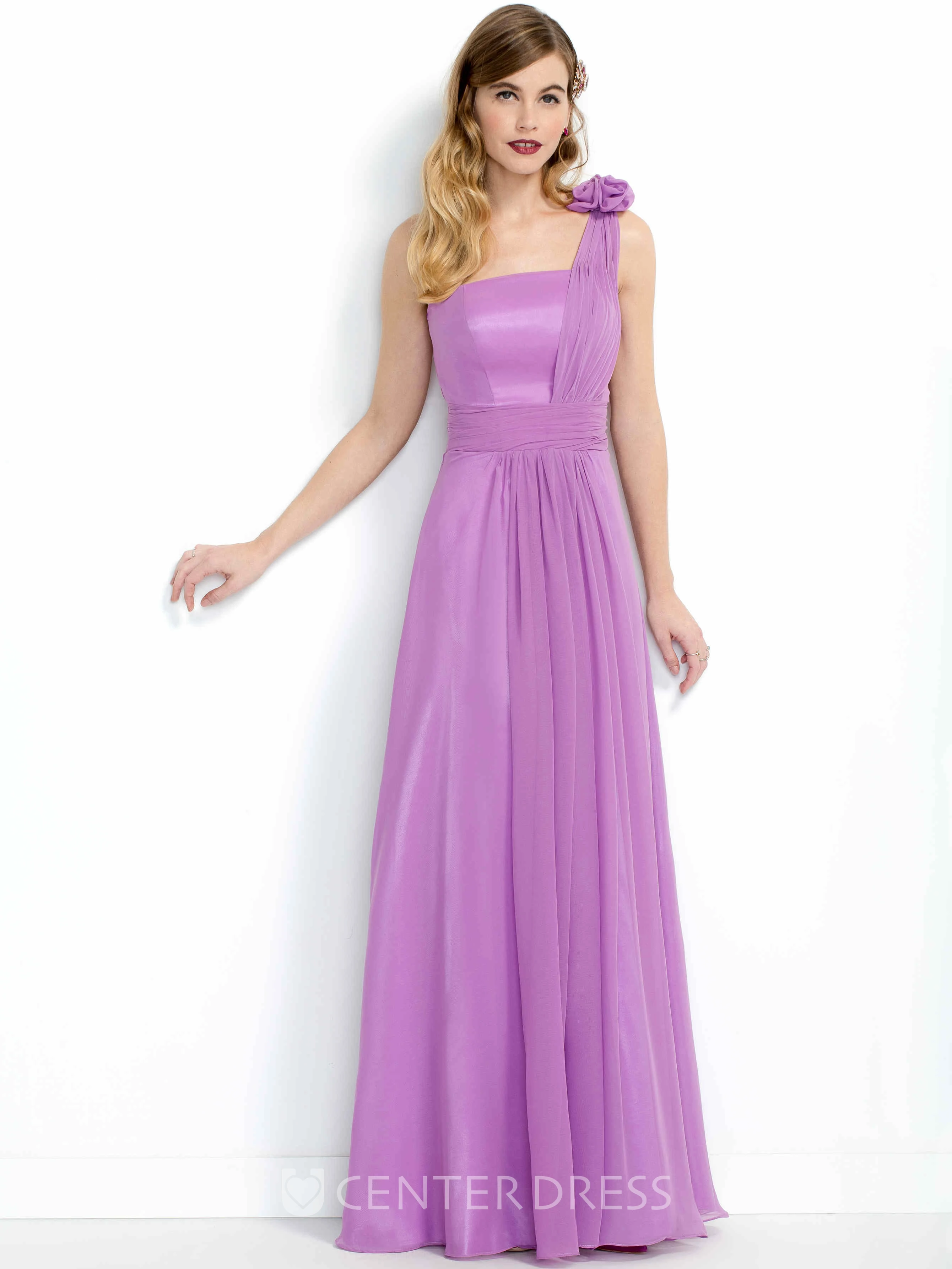 Sleeveless One-Shoulder Maxi Organza&Chiffon Bridesmaid Dress With Flower